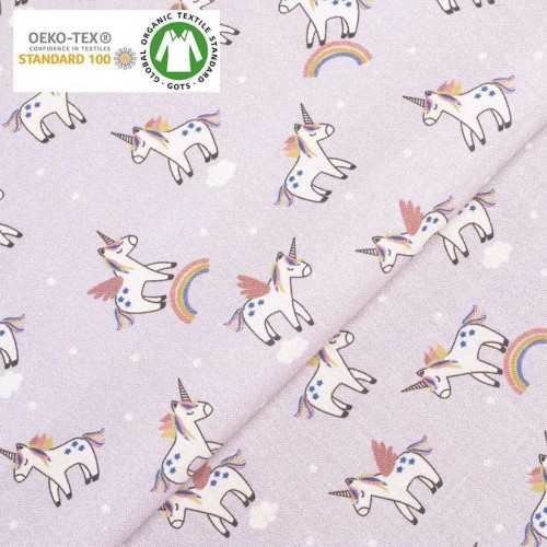Popelin de algodón tecnosani - hidrófugo y antibacteriano - Unicornios rosa
