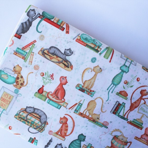 Tela Algodón - Patchwork - Gatos y Libros blanco