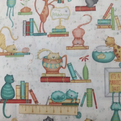 Tela Algodón - Patchwork - Gatos y Libros blanco