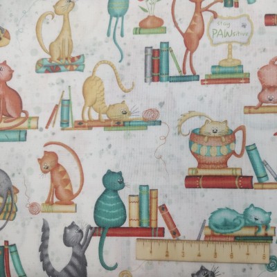 Tela Algodón - Patchwork - Gatos y Libros blanco