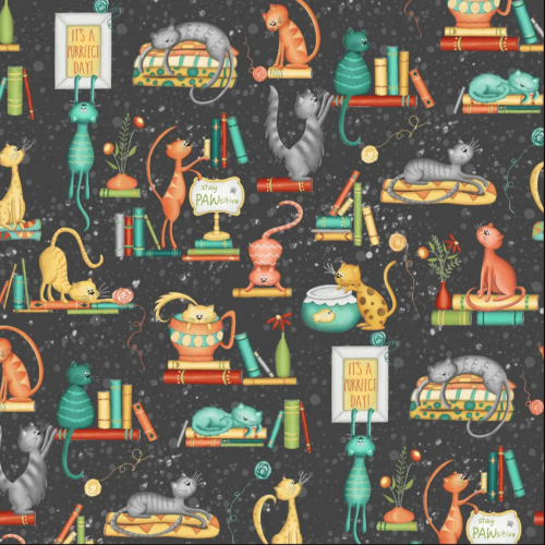 Tela Algodón - Patchwork - Gatos y Libros negro