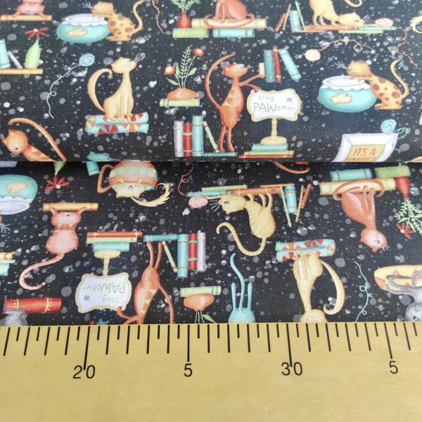 Tela Algodón - Patchwork - Gatos y Libros negro