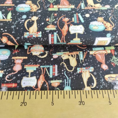 Tela Algodón - Patchwork - Gatos y Libros negro