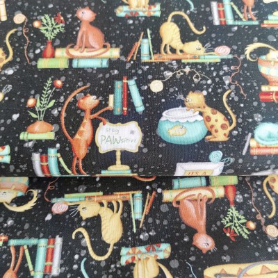 Tela Algodón - Patchwork - Gatos y Libros negro