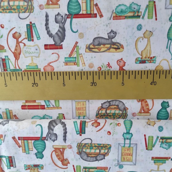 Tela Algodón - Patchwork - Gatos y Libros blanco