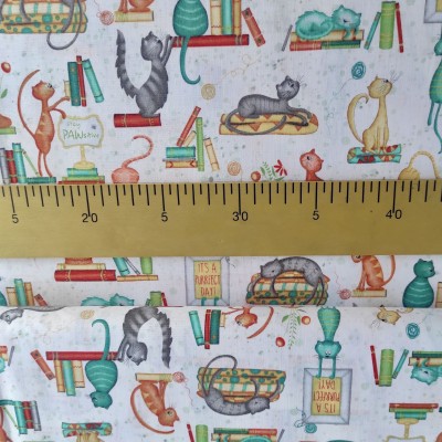 Tela Algodón - Patchwork - Gatos y Libros blanco
