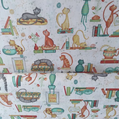 Tela Algodón - Patchwork - Gatos y Libros blanco