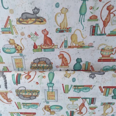 Tela Algodón - Patchwork - Gatos y Libros blanco