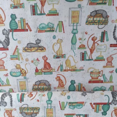 Tela Algodón - Patchwork - Gatos y Libros blanco