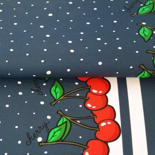 Tela Jersey de Algodón - punto de camiseta - cenefa Cerezas navy