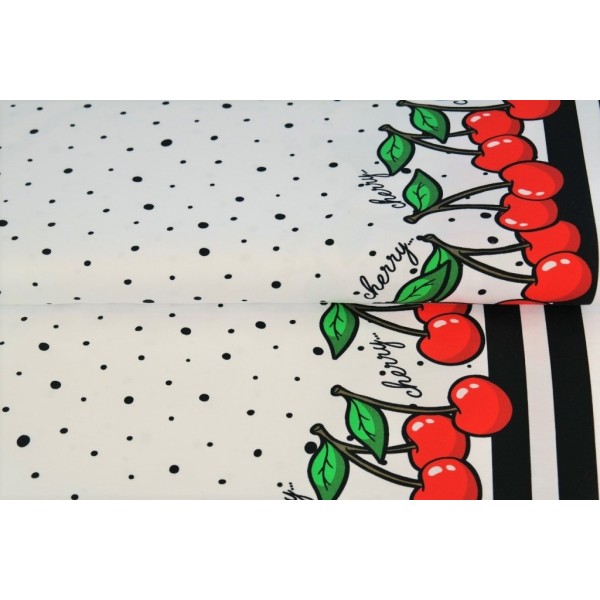 copia de Tela Jersey de Algodón - punto de camiseta - cenefa Cerezas blanco