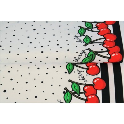 copia de Tela Jersey de Algodón - punto de camiseta - cenefa Cerezas blanco