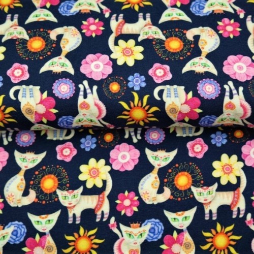 Tela Jersey de Algodón - Gatos  Flower Power